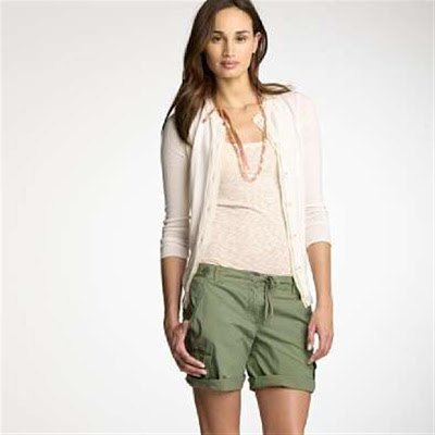gray cardigan with green khaki shorts with cargo cuff