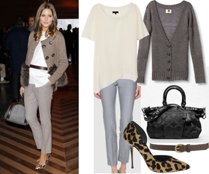 gray cardigan with white belt blouse and chinos