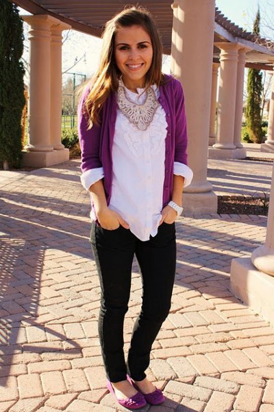 gray cardigan with white blouse with frilled neckline