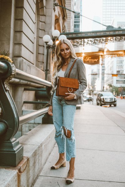 gray checked blazer with white vest top and blue ribbed boyfriend jeans