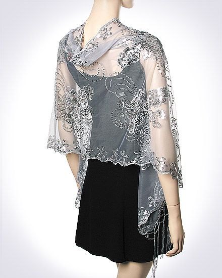 gray, semi-transparent, embroidered scarf made of chiffon with a mini dress made of black sheath