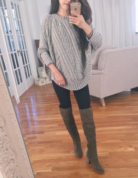 gray, chunky knitted sweater with knitted sweater
