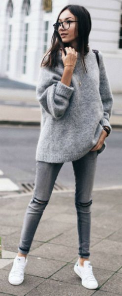 gray, chunky fuzzy sweater with white sneakers