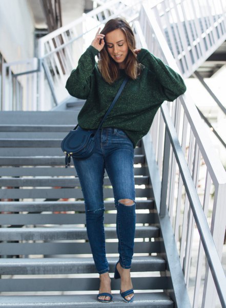 gray, chunky sweater with blue ripped jeans and open toe heels