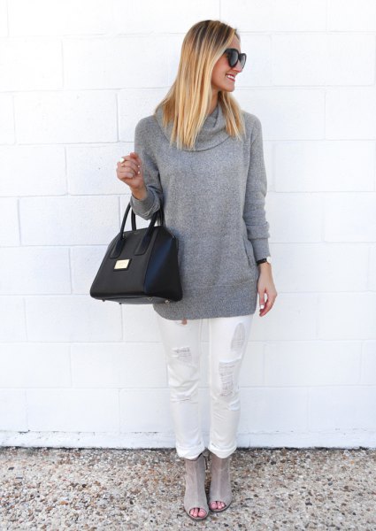 gray chunky sweater with white straight-leg jeans