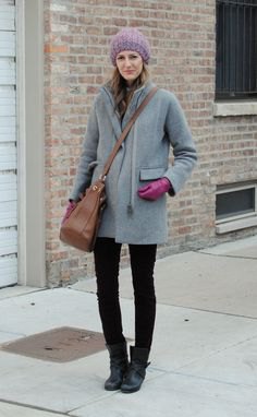 gray coat with black skinny jeans and leather boots