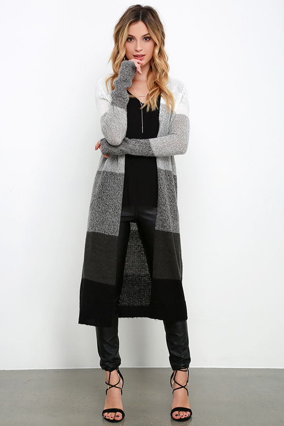 gray color black long knitted sweater