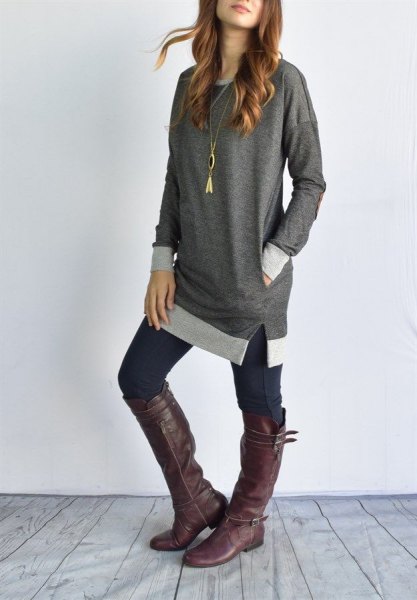 gray block tunic top with dark skinny jeans and knee-high leather boots