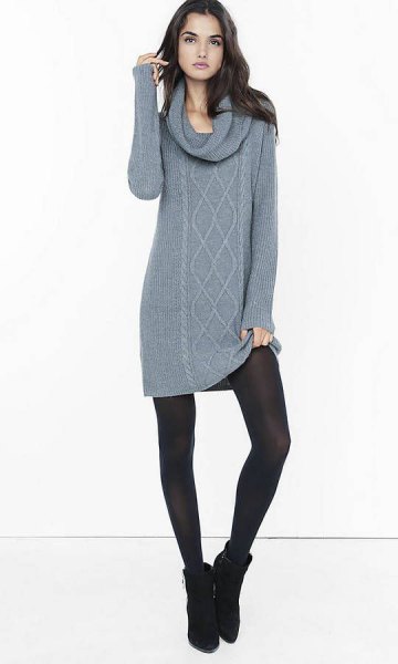 gray cable knit sweater dress with waterfall neckline