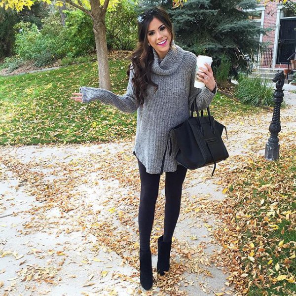 gray long ribbed sweater with cowl neckline, leggings and black short boots