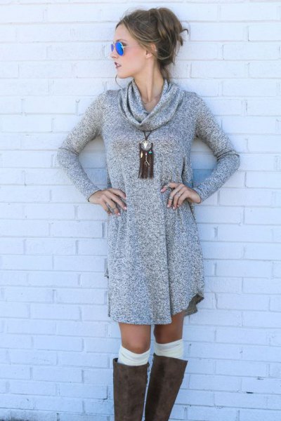 gray sweater dress with a cowl neckline