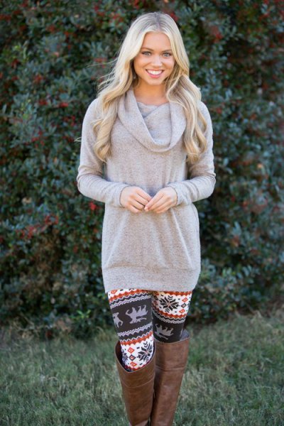 gray sweater with cowl neckline and floral pattern