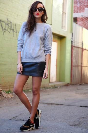 Gray leather sweatshirt mini skirt with round neckline