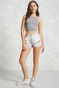 gray, short, ribbed tank top with cream-colored mini-shorts