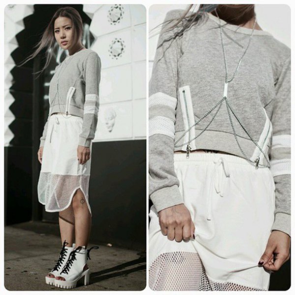 gray short sweatshirt with white mesh midi skirt
