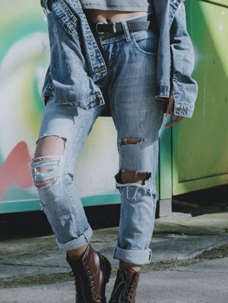 gray short t-shirt with blue denim jacket and ripped jeans with cuffs