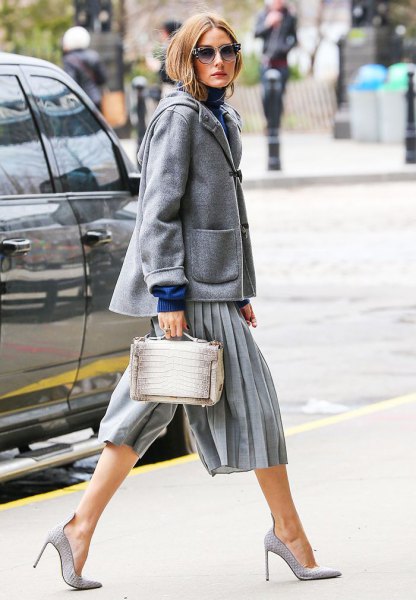 gray culottes with woolen coat