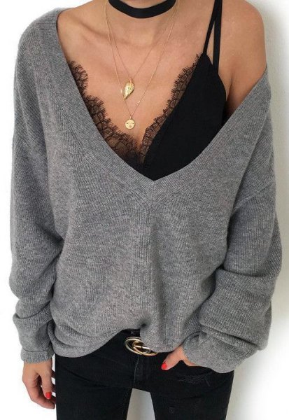 gray oversized sweater with deep V-neck