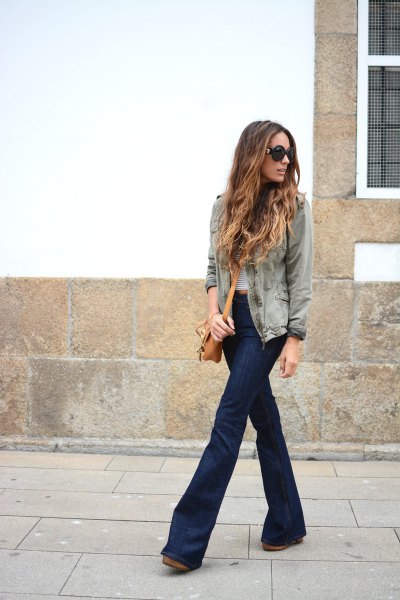 gray denim jacket with striped T-shirt and dark blue, flat flare jeans