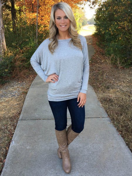 gray dolman sleeved sweater with boat neckline