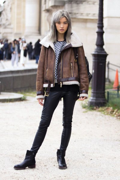 gray leather jacket with faux fur collar and short leather boots