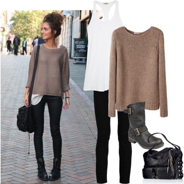 gray, tailored knitted sweater with black skinny jeans and biker ankle boots