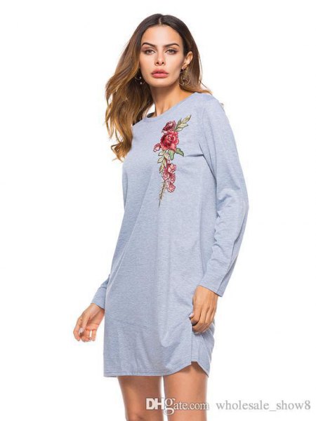 gray floral graphic long sleeve t shirt dress