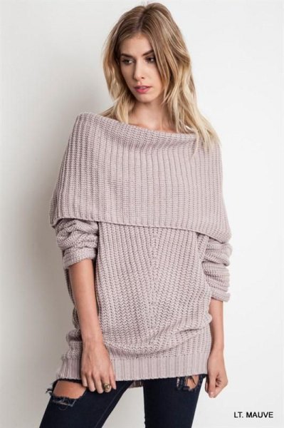 gray sweater ribbed over the shoulder