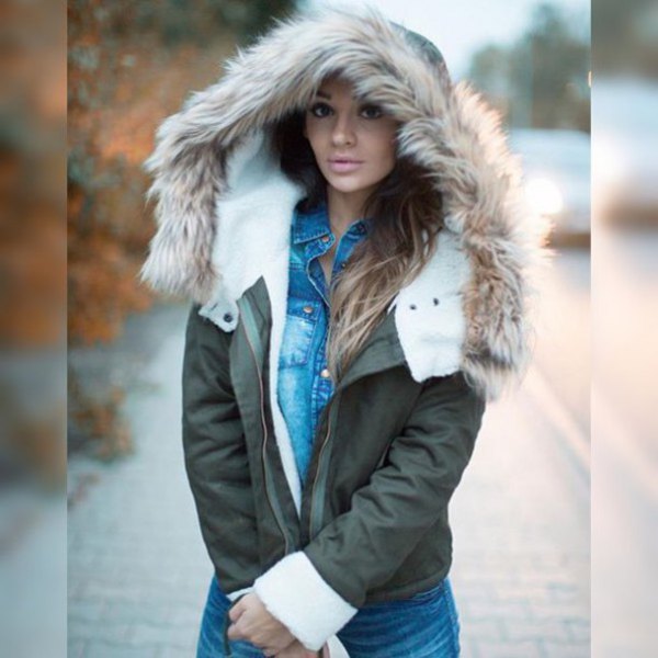 gray hooded fur jacket with blue chambray shirt with buttons