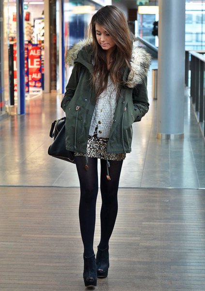 gray hooded fur parka jacket with silver sequin mini skirt