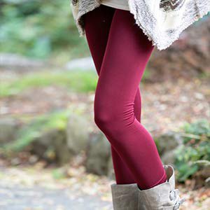 gray fuzzy tunic sweater with burgundy-red, fleece-lined leggings