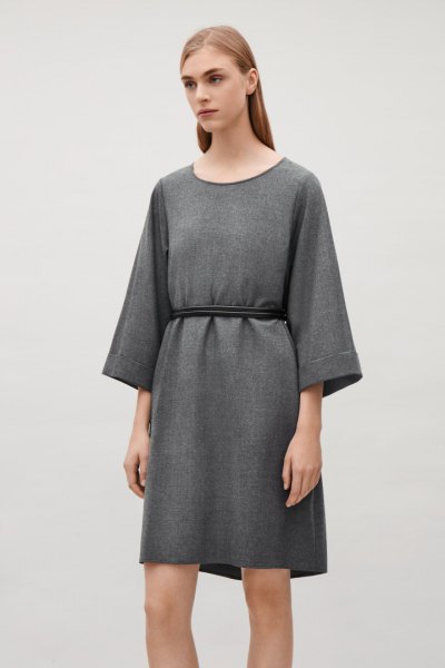 gray wool mini dress from ruched waist
