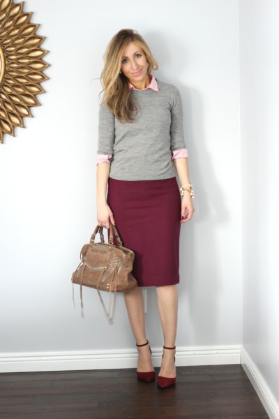 gray sweater with half sleeves, white shirt with buttons and burgundy pencil skirt