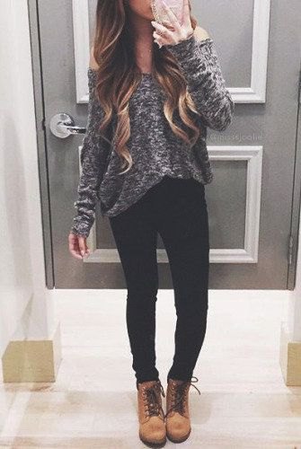 gray heather gray sweater with camel lace-up boots