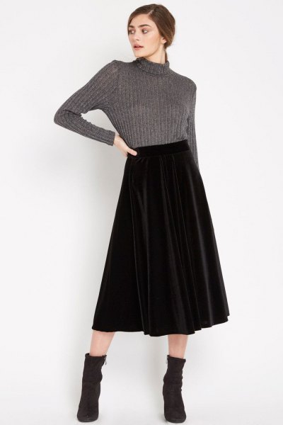 gray high neck knitted pullover midi velvet skirt
