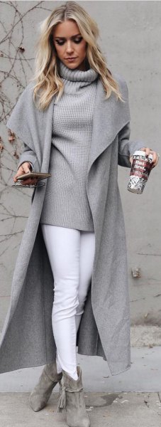 gray high neck knitted sweater wool coat