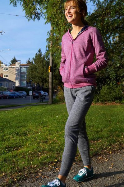 gray hoodie with matching running shorts with relaxed fit