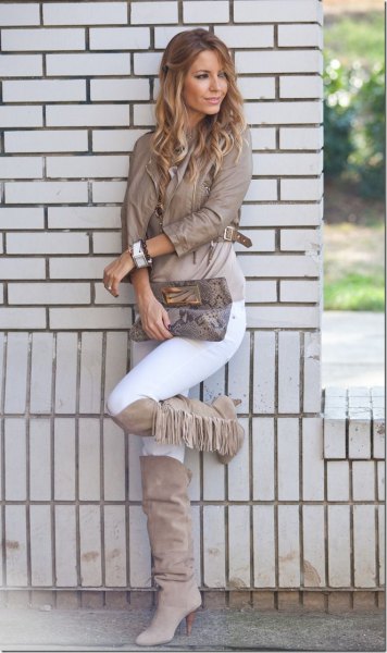 gray knee high fringed boots leather jacket