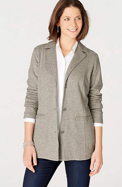 gray knitted blazer jacket with white shirt with buttons