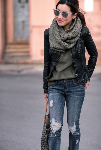 gray knitted scarf with black leather moto jacket