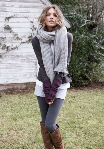 gray knitted scarf with cardigan and sweater gaiters