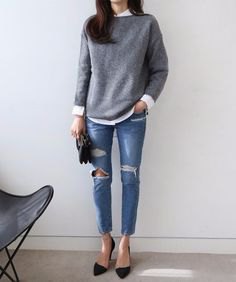 gray knitted sweater with white shirt and ripped skinny jeans