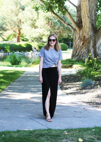 gray knotted t-shirt with black, high-slit cotton maxi skirt