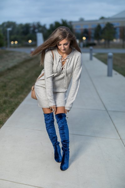 gray lace-up sweater dress blue velvet over the knee boots