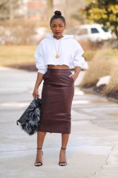 gray leather skirt with a high waist