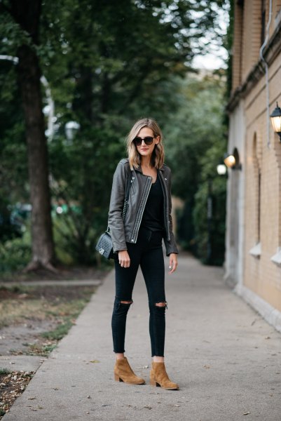 gray leather jacket all black outfit