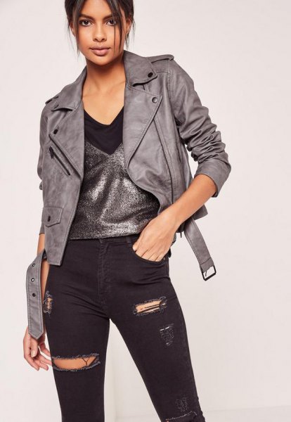 gray leather jacket silver vest top ripped black jeans