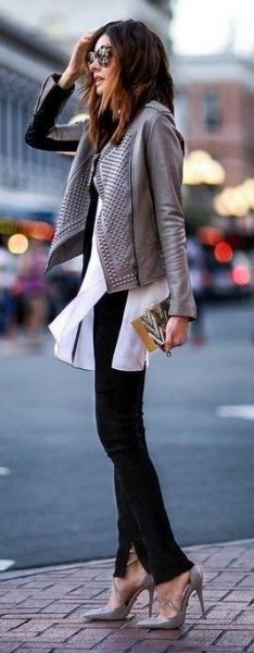 gray leather jacket white chiffon blouse