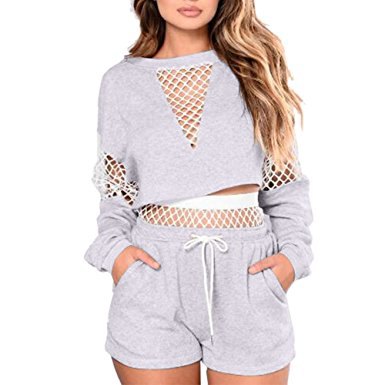 gray, long-sleeved mesh top with matching cotton jogger shorts