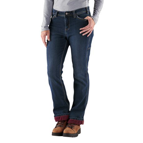 gray long-sleeved T-shirt with blue, slightly flared jeans with flannel lining